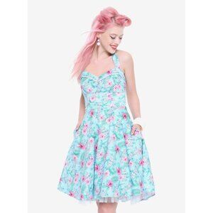 Hot Topic Womens Rockabilly Swing Dress Sz Medium Blue Floral Tiki Halter VLV